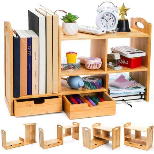 Bamboo Desktop Bookshelf, Expandable Counter Bookcase, Storage Shelves Rack Organizer with Anti-Slip Pads, Cute Small Desk Display Cubby Top for Office Supplies, No Assembly Needed