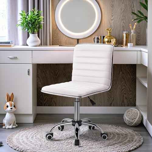 Furmax Mid Back Vanity Chair for Makeup Room, Low Back PU Leather Swivel Computer Desk, Task and Office Chair Retro with Armless Ribbed (White)
