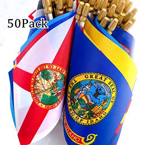 US 50 State Flags Set on Wood Stick Small Mini Hand Held Flags for Classroom,5x8 Inch