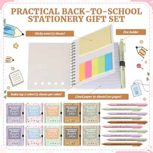 40 Pcs Welcome Back to School Gifts Bulk Spiral Notebooks with Sticky Notes Motivational Pens First Day of School Notepads Party Favor for Teacher Student Classroom(Terrazzo Tones,Multicolor)