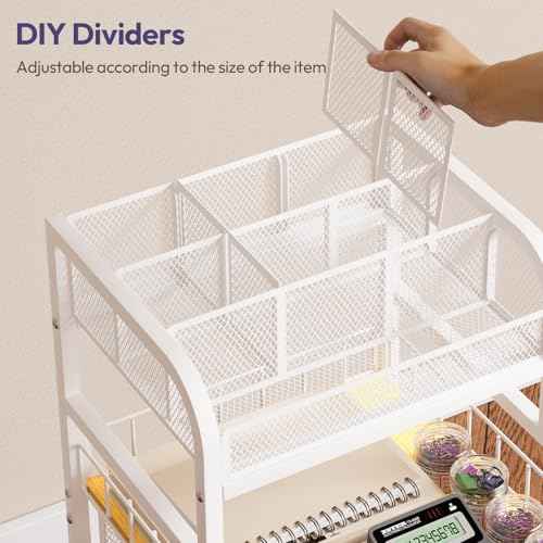 SWTYMIKI Rolling Cart with Drawers - Metal Utility Cart with Wood Shelf, DIY Divider and Locking Wheels, Craft & Art Cart Organizer for Under Desk Storage for Home Office Studio, White
