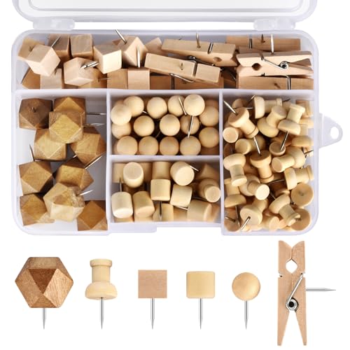 Wood Push Pins 128Pcs Tacks for Bulletin Boards Cork Boards Map Wall Decor