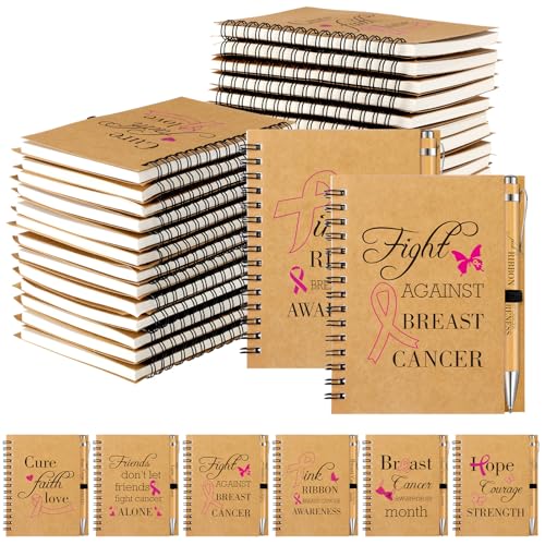 Yeaqee 50 Set Breast Cancer Awareness Gifts Mini Inspirational Notebooks with Pens Small Motivational Notepads Bulk Pink Ribbon Pocket Notepads Awareness Month Appreciation Gifts for Women Girls