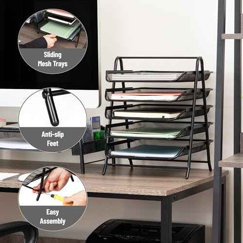 Mind Reader 5-Tier Paper Tray, Desktop Organizer, File Storage, Office, Metal Mesh, 11.75" L x 14" W x 15" H, Set of 2, Black