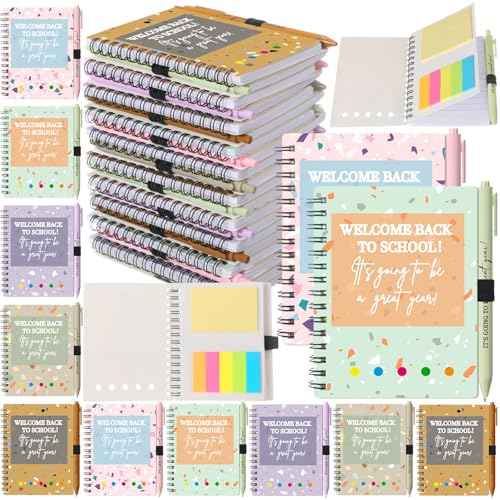 40 Pcs Welcome Back to School Gifts Bulk Spiral Notebooks with Sticky Notes Motivational Pens First Day of School Notepads Party Favor for Teacher Student Classroom(Terrazzo Tones,Multicolor)