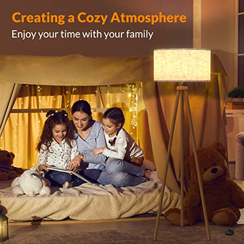 LEPOWER Wood Tripod Floor Lamp, Mid Century Standing Lamp for Living Room, Flaxen Lamp Shade, Modern Design Standing Lamp with E26 Base, Tall Floor Light for Bedroom, Study Room and Office Brown
