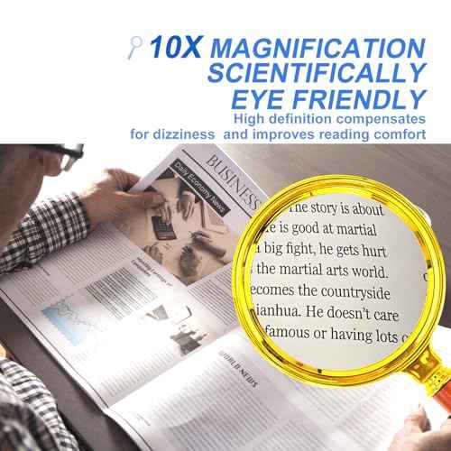10x Handheld Magnifier, Reading Magnifier for Children Elderly for Hobbies and Science, 80mm Plastic Gold Plated Frame Electroplated Faux Wood Grain Handle