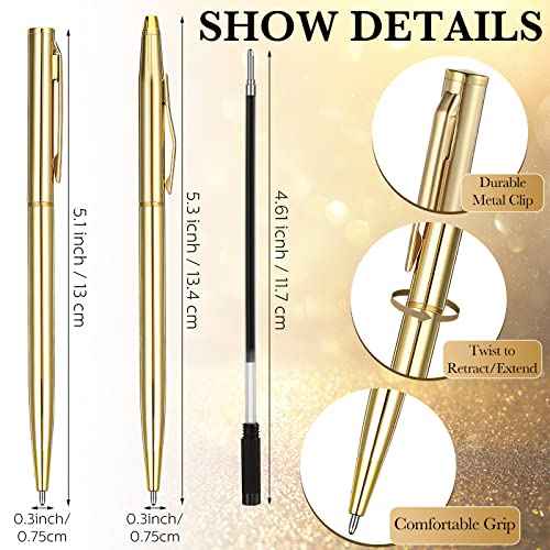 Fuutreo 100 Pack Wedding Gold Pens Bulk Gold Metal Pens Slim Ballpoint Retractable Ballpoint with Black Ink Mini Conical for Wedding Favors Guests, Office Business Teachers,1.0 mm