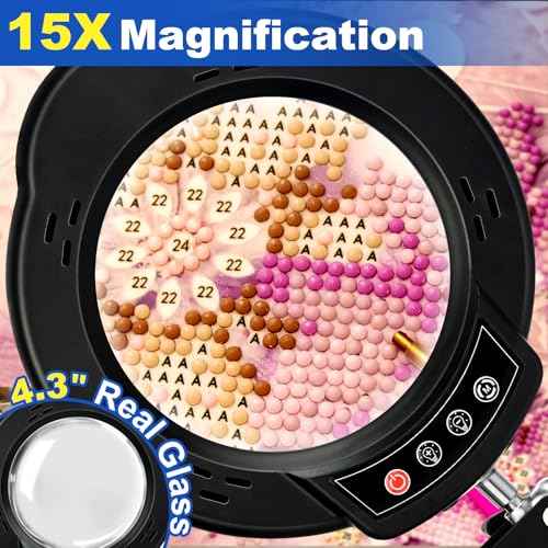 15X Magnifying Glass with Light and Stand, 2-in-1 Lighted Magnifying Desk Lamp Dimmable Magnifier Lamp with Light and Clamp Long Arm 84PCS LED Beads Real Glass Lens for Work Close Work Hobby