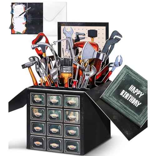 Birthday Pop Up Card with Envelope - Funny Happy Birthday 3D Greeting Pop Up Card, Best Gifts for Men Dad Husband Grandpa Father Daddy Him, Unique 3D Design, Metal Toolbox
