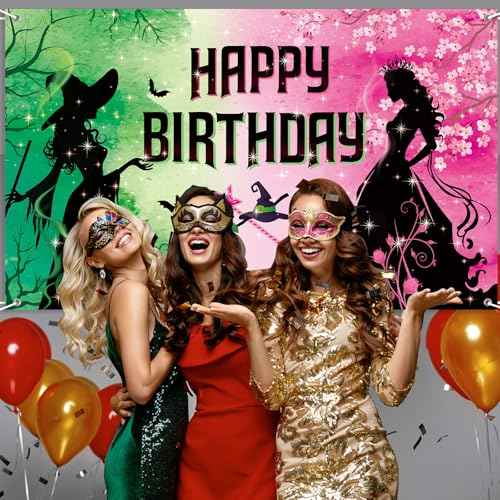 Pink and Green Birthday Backdrop Party Decorations, Witch Themed Happy Birthday Backdrop Banner Photo Booth for Princess Girls Women Castle Party Supplies Decorations