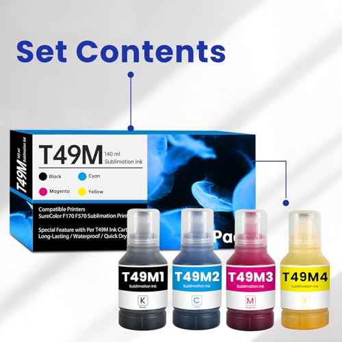 560ML T49M Sublimation Ink for T49M1 T49M2 T49M3 T49M4 Black Cyan Magenta Yellow Ink Bottles for SureColor F170 SC-F170 Surecolor F570 SC-F570 Printers, 4 Pack T49M Ink Refills