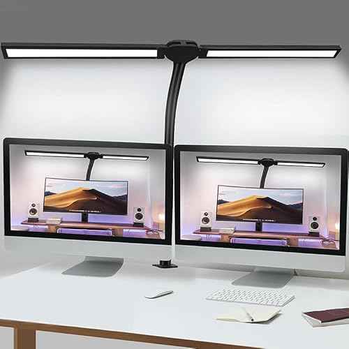 Double Head LED Desk Lamp for Office - Eye Caring Lamp with Clamp, Flexible Adjustable Lighting Gooseneck Desk Light, 4 Color Modes & 5 Brightness Levels for Monitor Workbench Study Reading