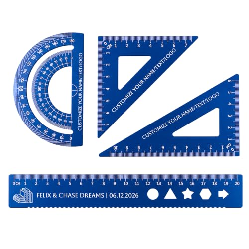 Blue Personalized Aluminum Geometry Set with Custom Engraved Name - 20cm Ruler, 7cm & 10cm Triangle Rulers, 180° Protractor, Back to School Gift