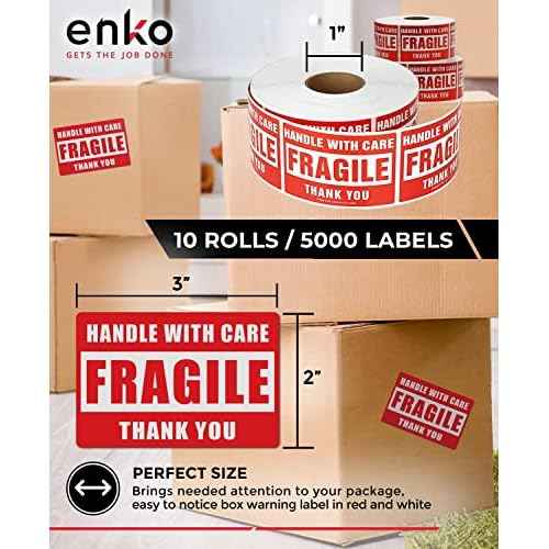 enKo - 2 x 3 Inch Fragile Stickers Handle with Care Warning Packing Shipping Label - Permanent Adhesive (10 Roll, 5000 Labels)