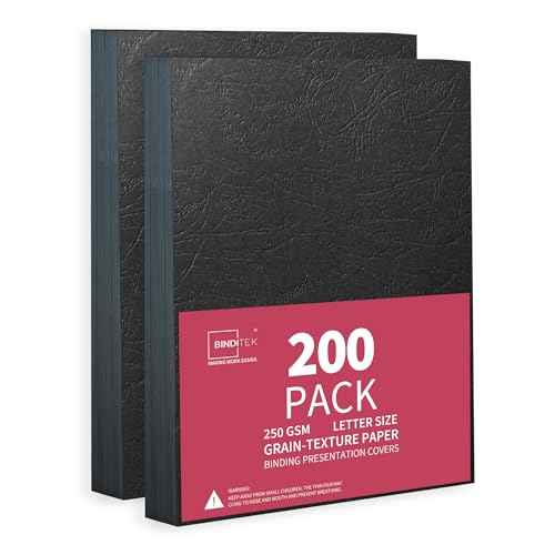 Binditek 200 Pack 13 Mil Grain-Texture Paper Binding Presentation Covers, 8.5 x 11 Inches, 250 GSM, 90lb, Un-Punched, Letter Size, Black, Office Supplies