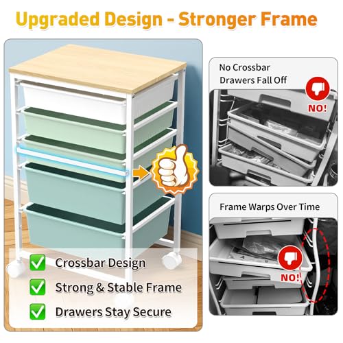 SUNALLY Green 5-Drawer Rolling Storage Cart with Wooden Top & Locking Wheels