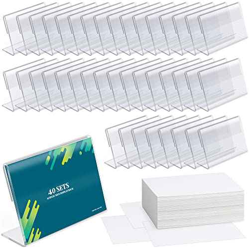 BILLIOTEAM 40pack Mini Clear Sign Display Holder with Blank Labels,3.5*2.4 Inch Horizontal Slanted L-Shape Plastic Name Card Price Card Tag Label Counter Top Stand