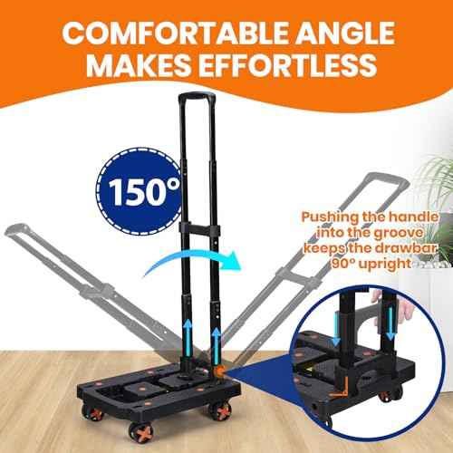 Folding Hand Truck, Dolly Cart with 4 Wheels & 2 Elastic Ropes, Adjustable Handle Foldable Dolly, Lightweight Portable Hand Cart for Luggage, Travel, Shopping, Moving, Airport, Office