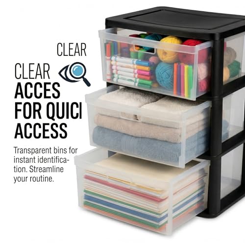 Black Wide 3-Drawer Storage Tower with Removable Clear Bins, Tool-Free Assembly