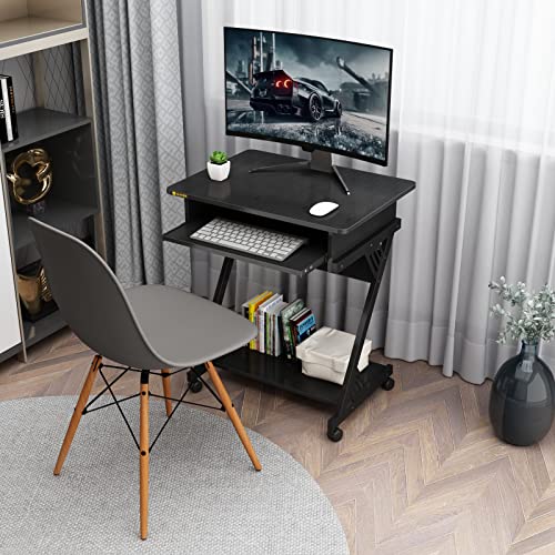 ALISENED Computer Desk for Small Spaces,23.6" Z-Shaped Compact Study Table with Smooth Keyboard Tray,with Wheels and Bottom Shelves for Home Office£¬Computer Cart Mobile Laptop Cart