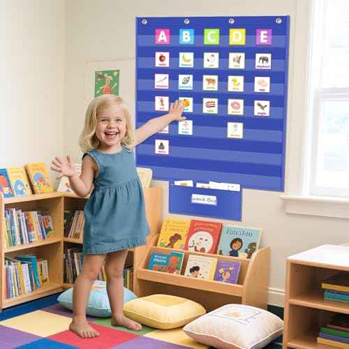 Standard Pocket Chart for Classroom with Zipper Storage Bag 28"x28" Wall Hanging File Display Pocket Chart with 7 Sentence Strips Holder Teacher Essential (Blue)