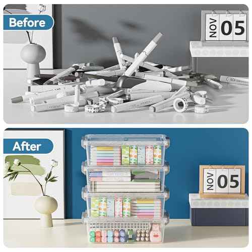 4 Pack Extra Large Pencil Box, Plastic Pencil Case Organizer, Clear Crayon Box Marker Organizer, Stackable Craft Organizers and Storage for Pen, Craft, Art Supply(Grey)