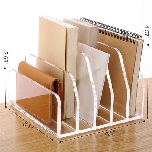 SANRUI Acrylic Desk File Organizer Holder for Desk, Clear Laddered 5 Upright Compartments Mail Sorters, Multifunction Desktop Envelope Folder Racks Document Holders for Office, Home, School