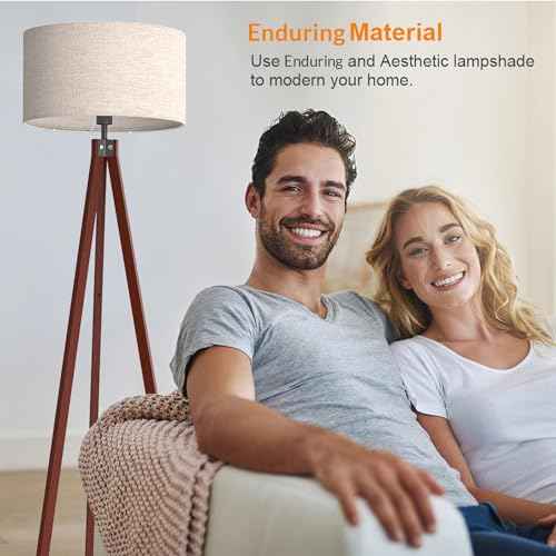 LEPOWER Wood Tripod Floor Lamp, Mid Century Standing Lamp, Modern Design Studying Light for Living Room, Bedroom, Study Room and Office, Flaxen Linen Shade with E26 Base Brown