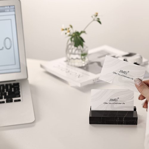 JIMEI Business Card Holder for Desk - Elegant Business Card Display Holder - Made of Sahara Noir Marble - Desk Organizer Stand for 25 Business Cards - Cute Office Desktop Accessory for Men and Women