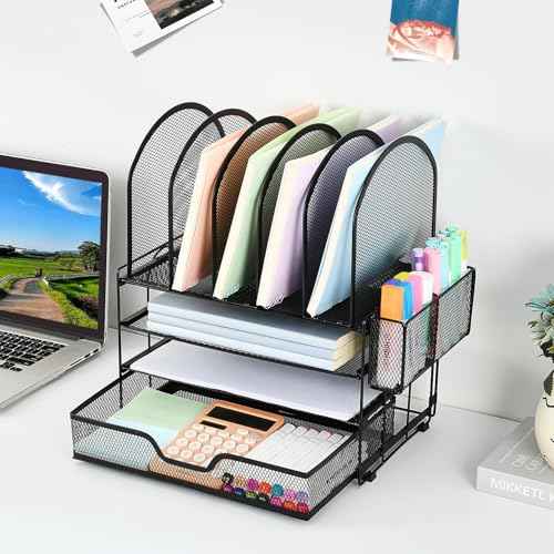 Desk Organizers and Accessories with Drawer, File Organizer with 5 Vertical File Holders and Pen Holders, Office Desk Accessories Workspace Desktop Organizers for Office Supplies (Black)