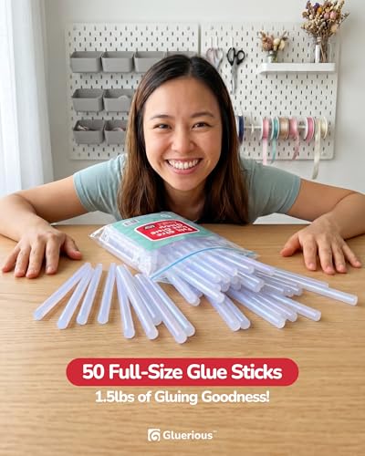 Gluerious Full-Size Glue Sticks 50-pack, 0.43in x 6in for Large Glue Gun