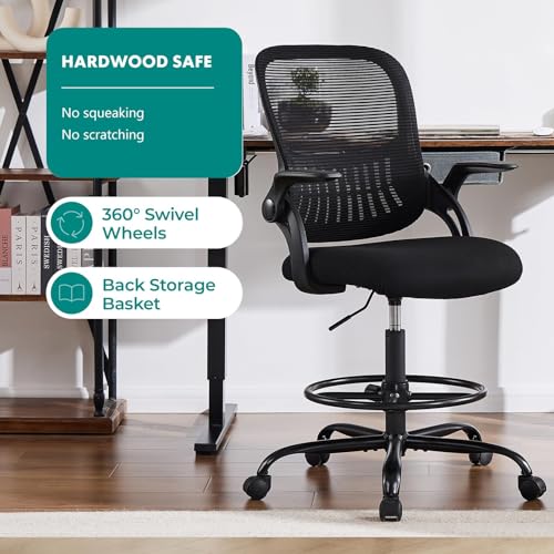 SMUG Drafting Chair with Flip-up Arms, Height Adjustable Standing Tall Office Desk Chair with Foot Ring, Ergonomic Swivel Computer Chairs with Rolling Wheels, Black
