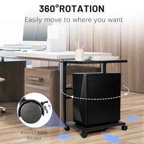 PC Stand Computer Tower Stand 2-Tier Metal CPU Holder with Locking Caster Wheels Suitable for Most PC (S,Black)