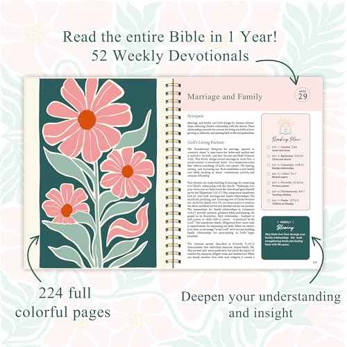 The Bible in a Year: A 52-Week Study Bible Study Guide, Spiral Bible Journal with Thick Paper & Hard Cover for Women | Ideal for Daily Devotions, Group Study, Home/Church