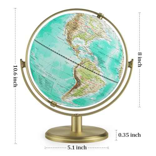 8'' World Globe with Gold Stand 720¡Æ Rotating, Kids Adults Student Geography Educational, Desk Globe Decorative Office Classroom, Unique Birthday Christmas Gifts (Elegant Turquoise)