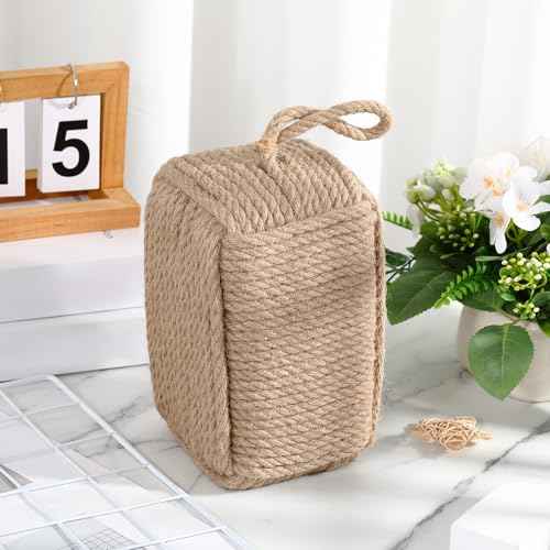 Rope Door Stop Decorative Door Stop with Handle 4.72 ''d x 11.8''h 8.8lb Square Heavy Weighted Stoppers for Outdoor Inside Bottom Home to Keep Open Light Brown