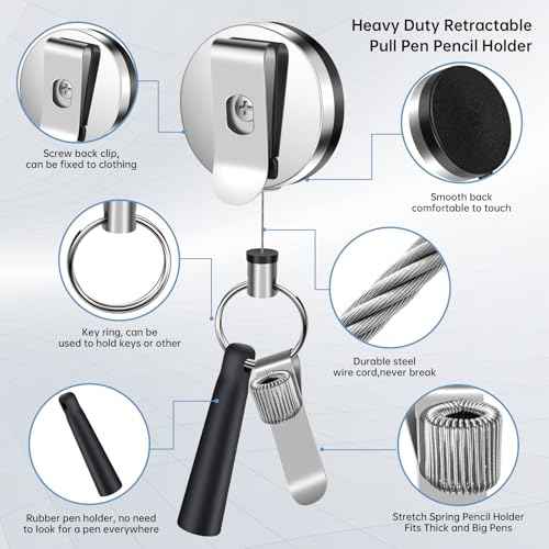 4 Pack 35" Steel Wire Heavy Duty Retractable Pull Pen Pencil Holder, Flexible Silicone Pen Holder and Metal Pen Clip Ideal for Carpenters, Nurses, Construction Workers,Waitstaff