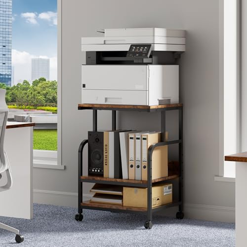 Warmiehomy Printer Stand, 20¡¿16¡¿28'' Printer Table with Wheels, 3 Tier Rolling Cart with Adjustable Storage Shelf, Space Saving 3D Desk for Home Office, Mini Fridge & Heat Press Stand, Rustic Brown