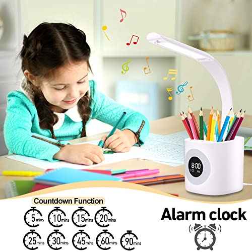 YOUKOYI LED Desk Lamp with Clock, Kids Desk Lamp, 10W Dimmable Study Lamp with Pen Holder, 4 Lighting Modes&5 Brightness Level with Color Changing Nightlight, Desk Lamps for Home Office, Gift for Kids