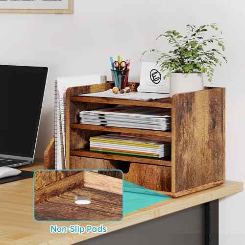 Wood Desk File Organizer with Side File Rack, Space-Efficient Design Easy to Assemble for Efficient Office Setup, Reduces Desk Clutter (Brown)