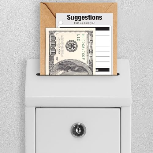 Metal Donation Box with Lock, Wall Mounted, Suggestion Box with 4 Iron Keys, White, Cash Drop Box with Slot, 1-Pack