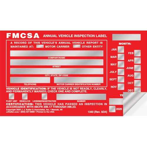 J. J. Keller 20-Pack, Aluminum Annual Vehicle Inspection Label with Punch Boxes, Red FMCSA Label, DOT Compliant