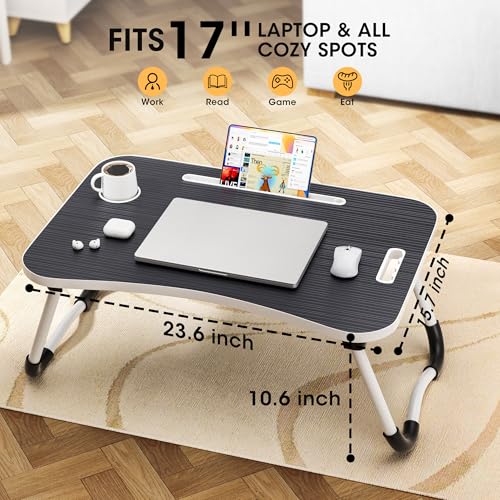 Black Folding Laptop Bed Desk 23.6 Inch Wood Portable Table with Cup Holder