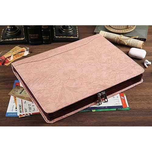 Patterned Leather Portfolio,10.5¡¿14 inch padfolio with 3 Ring Binder£¬Bussiness Portfolio with A4 Letter Size Clipboard £¬Leather padfolio for Men and Women£¨Pink£©