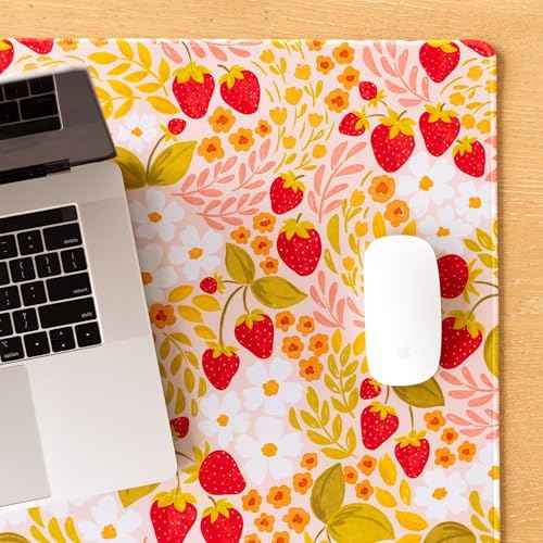 Elyse Breanne Design, Desk Pad Mat for Computer, Keyboard, Mouse, Desktop Protector, Non-Slip Rubber Backing, 15.5 x 35 inch, Large, Strawberry Patch