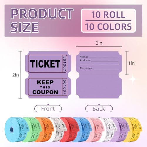 10,000 Raffle Tickets 10 Rolls of 1000 Tickets Each Raffle Tickets Double Roll 50/50 Raffle Tickets for Events Party Entry Carnivals Classroom Rewards (10 Color 10,000)