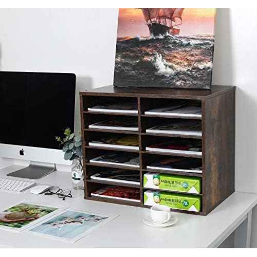 EasyPAG Mail Organizer Countertop, Wood Literature Organizer, Student Classroom Mailbox for School, Desktop Paper Sorter for Office Home, 12 Compartments, Archaize