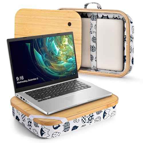 Mayjoy Bamboo Lap Desk with Storage, Cover Removable Lap Desk for Lap, Computer Laptop Stand on Lap, Work on Bed or Couch, Write or Draw on Your Lap (White Kitten)