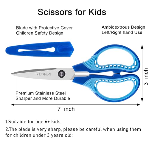 Kids Scissors 7-Inch Safety Craft Scissors for Ages 8-12 with Cover - Blue/Pink/Red, Left/Right Handed